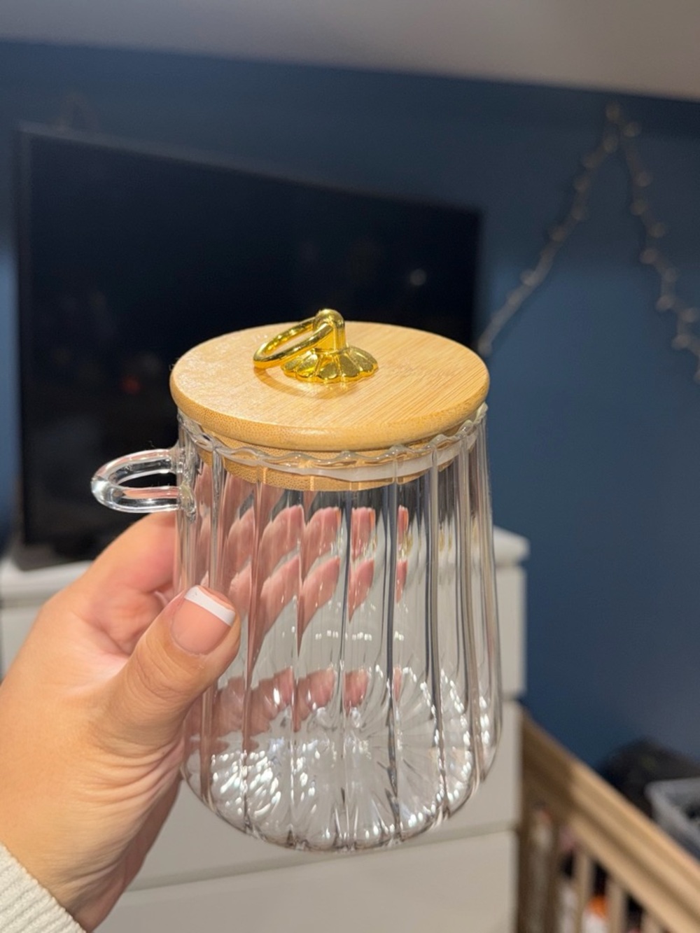 Clear Glass Food Storage Jar with Bamboo Lid and Gold Knob